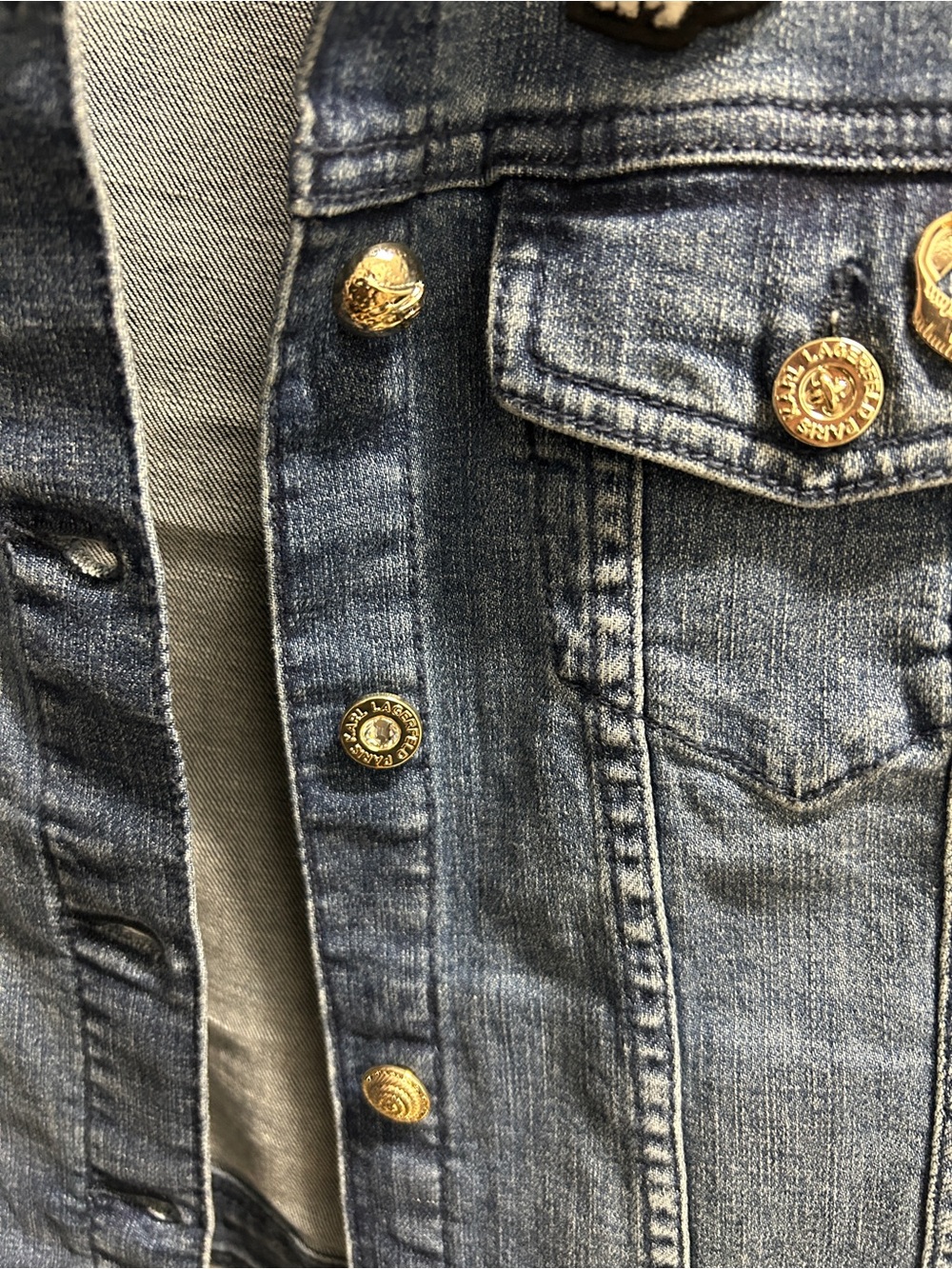 Karl Lagerfeld Blue Denim Jacket with Logo Patches- SZ SMALL - NWOT - Picture 7 of 10